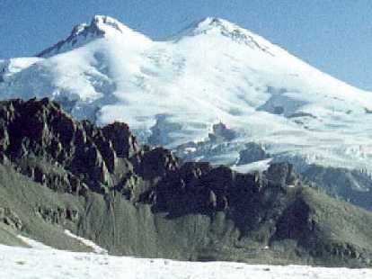 Mount Elbrus, Caucasus, Russia. West Peak (left) 5642 m, East Peak 5624 m. View from Chiper-Asau Pass
